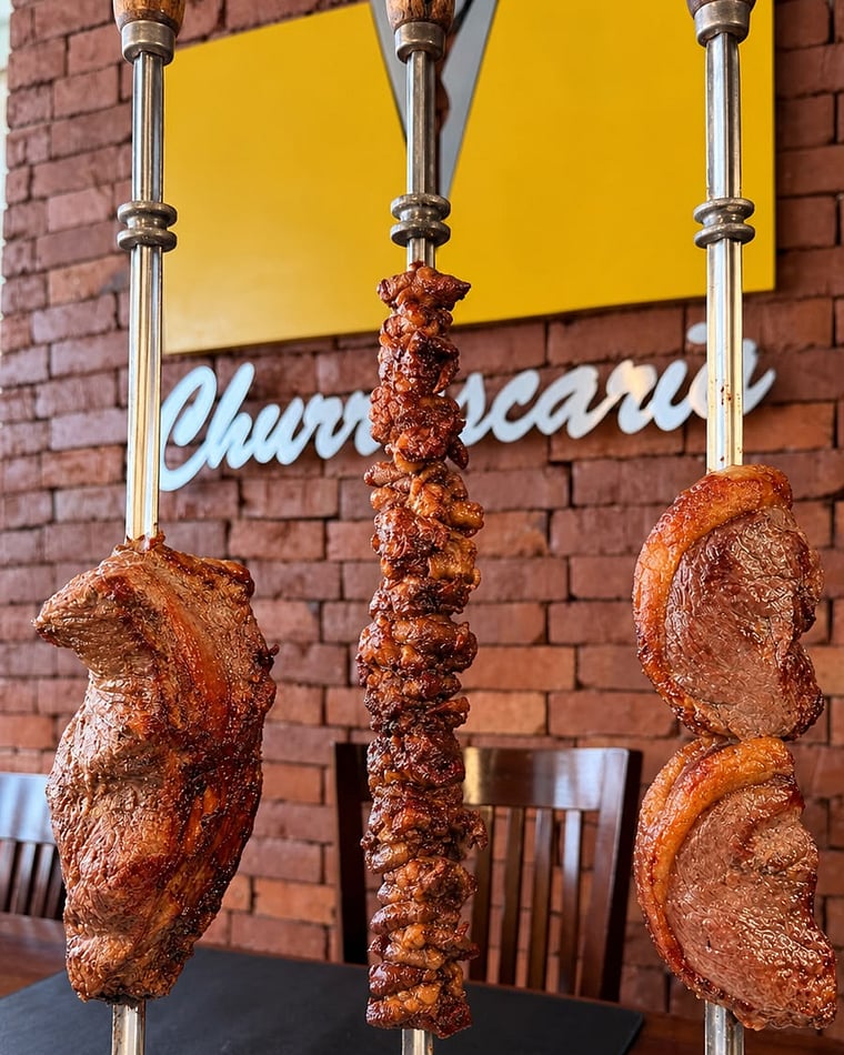 Três espetos de carne servidos ao mesmo tempo no rodízio