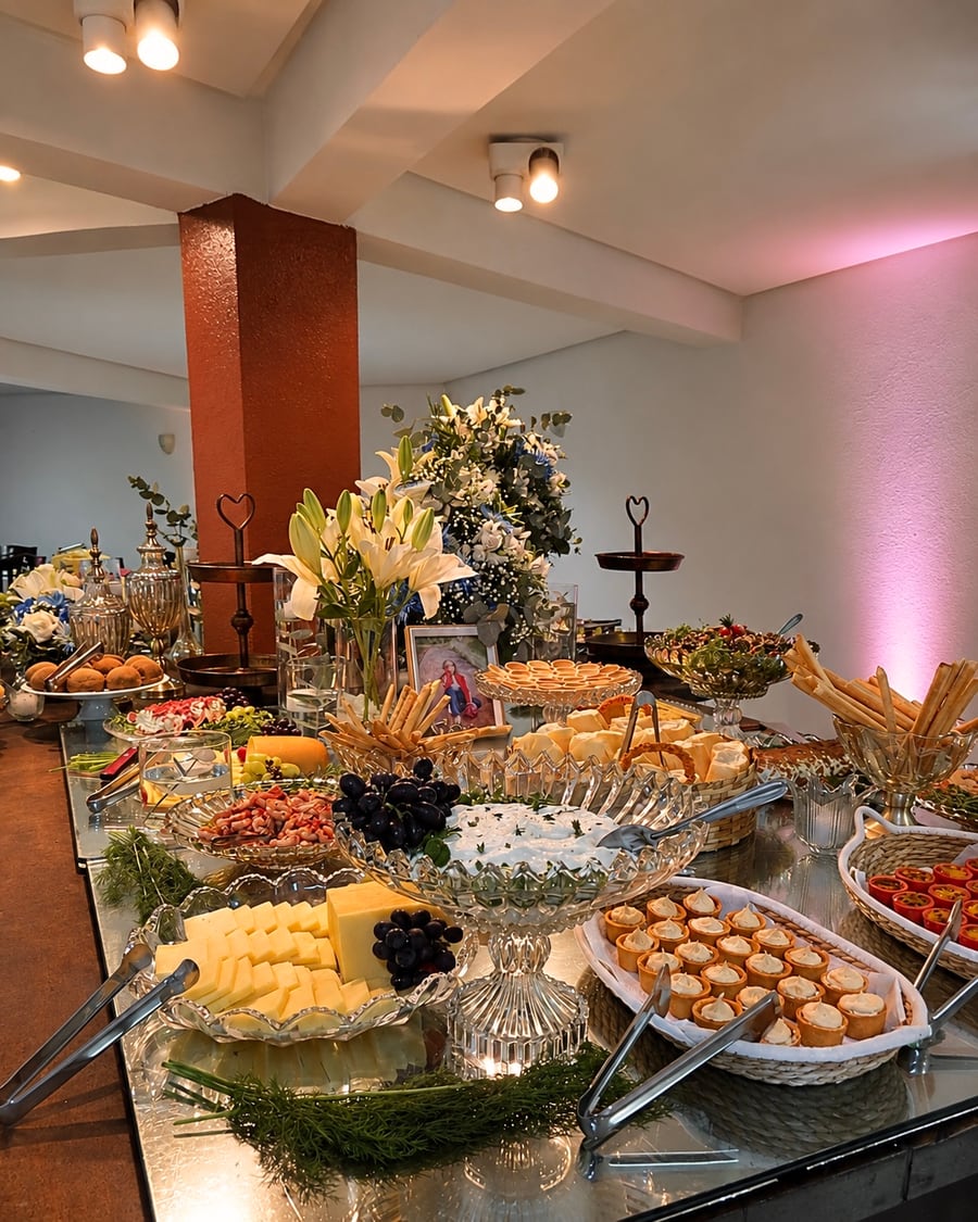 Mesa de buffet montada para evento no Espaço Cantina, com flores e travessas