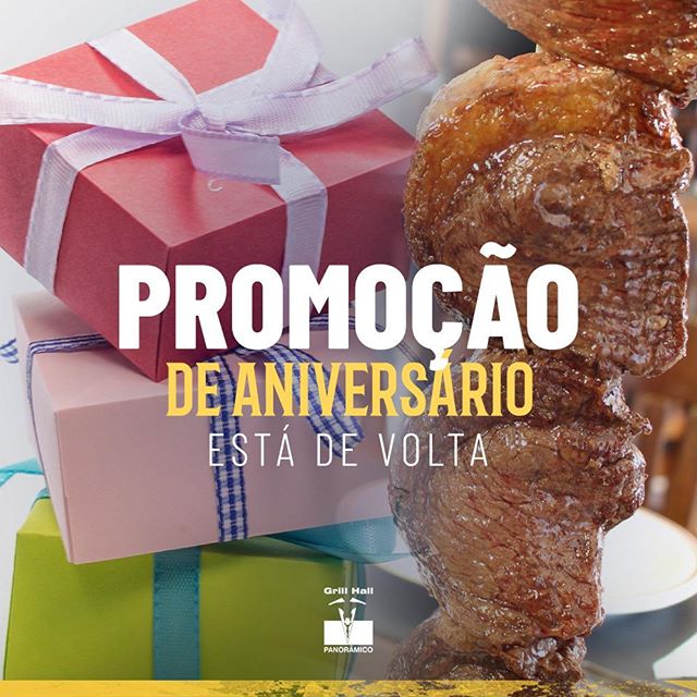 <p>A promoção de aniversário voltou! ???<br />
?<br />
Comemore seu aniversário com o tradicional churrasco de Passo Fundo. Chama os amigos e os familiares e saboreie os melhores cortes de carne do nosso Rodízio de Carnes.?<br />
?<br />
? Aniversariante da semana ganha Rodízio de Carnes se estiver acompanhado de 3 ou mais pessoas.?<br />
?Bebidas não inclusas. Apresente o RG para a comprovação da data.?<br />
?<br />
#EuNoGrillHallPanorâmico #eunogrillhall #ChurrascoTodoDia #promodeaniversario?</p>
