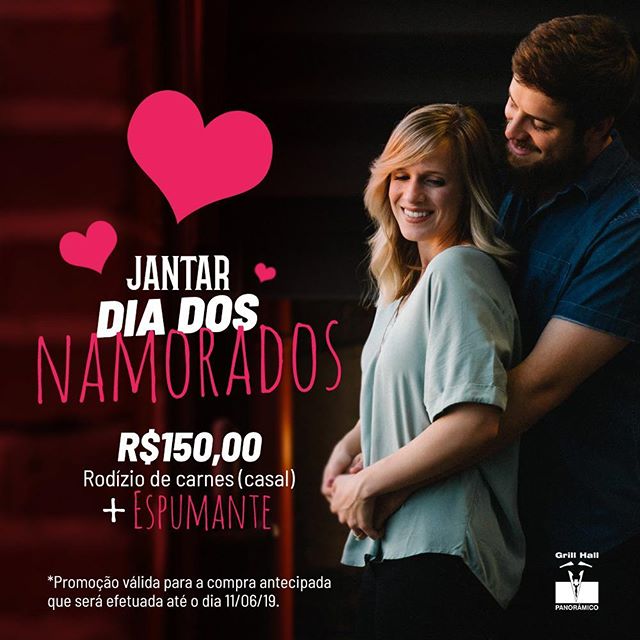 <p>Comemore o Dia dos Namorados com o tradicional churrasco de Passo Fundo.?<br />
?<br />
? Rodízio de Carnes (casal) + Espumante = R$ 150,00?<br />
?<br />
Faremos a venda antecipada do voucher, o qual estará disponível até 11/06.?<br />
?<br />
? (54) 3313-5851?<br />
?<br />
#EuNoGrillHallPanorâmico #eunogrillhall #ChurrascoTodoDia #diadosnamorados #jantardodiadosnamorados #rodiziodecarnes #espumante?</p>
