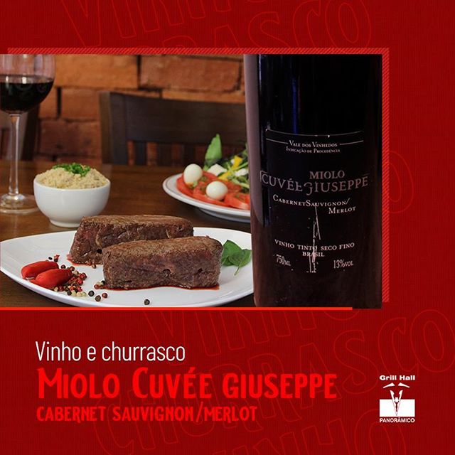 <p>O elegante e intenso Miolo Cuvée Giuseppe Merlot/Cabernet Sauvignon faz parte de nossa adega. Produzido com as melhores uvas dos vinhedos, seu sabor é bem estruturado e equilibrado com taninos marcantes. Ideal para acompanhar carnes suculentas, como a raquete.?<br />
?<br />
#EuNoGrillHallPanorâmico #eunogrillhall #ChurrascoTodoDia #vinhoechurrasco #miolo #cuveegiuseppe #cabernetsauvignonmerlot?</p>
